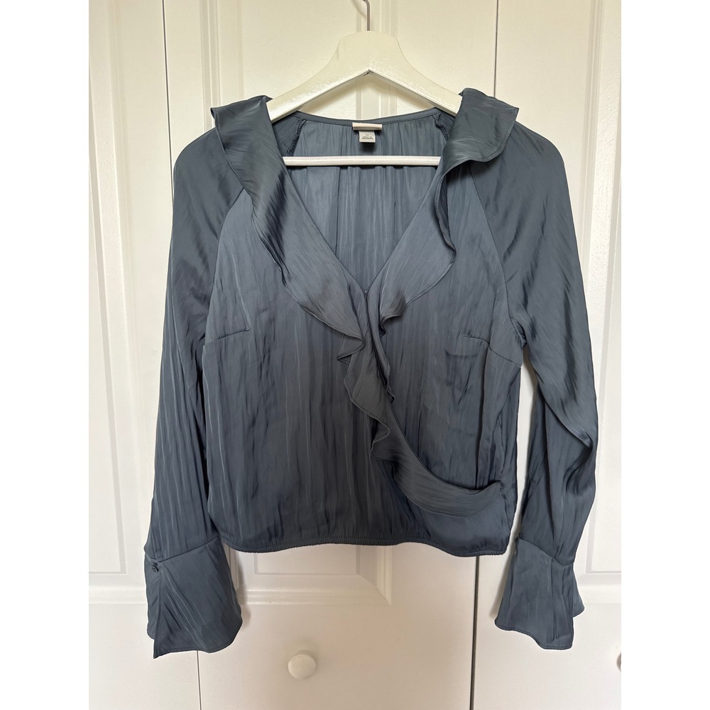 Slate Blue Ruffle Wrap Blouse Long Sleeve Flared Cuff Top‎ Womens M Batsleeve